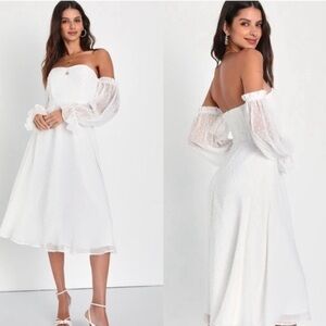 ⚫️ NWOT Lovely Angel White Swiss Dot Off-The-Shoulder Midi Dress​